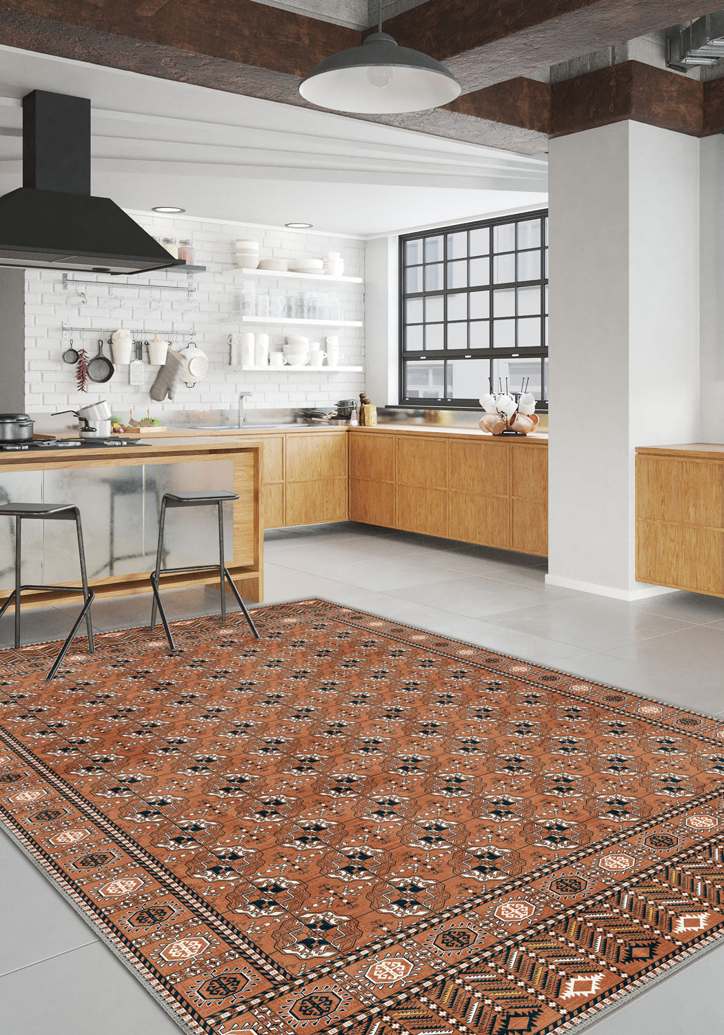 Orange vintage rug for living room.