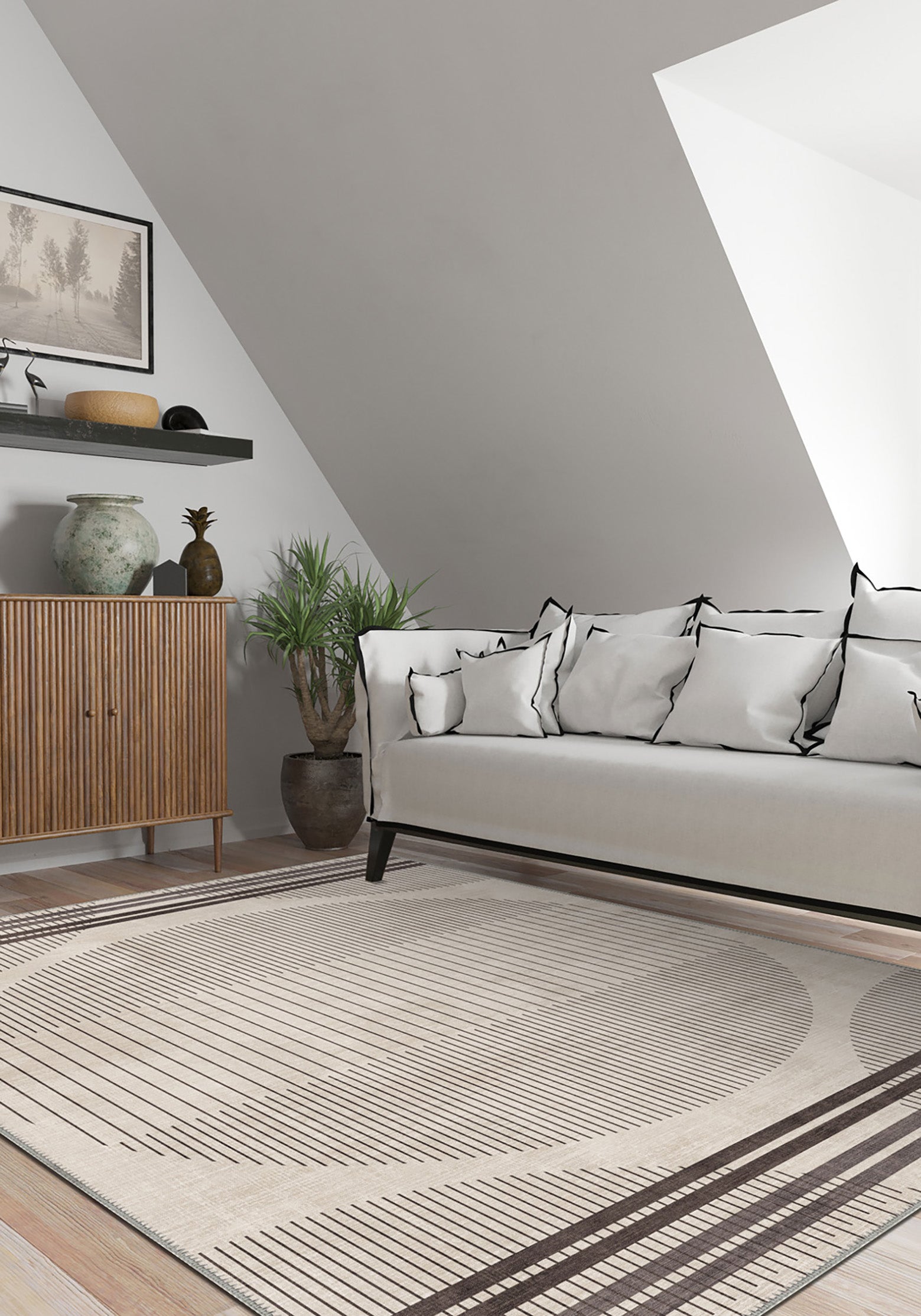 Cream geometric rug for living room.