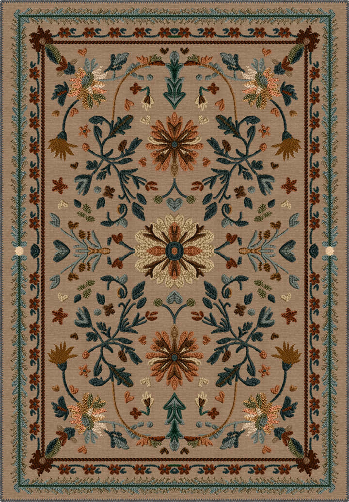 Brown Anatolian rug with floral motifs.