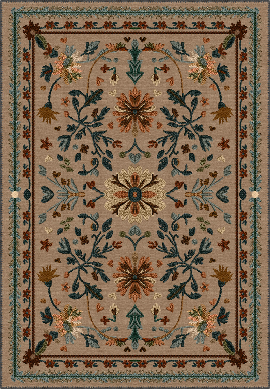 Brown Anatolian rug with floral motifs.