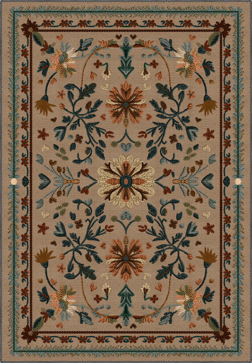 Brown Anatolian rug with floral motifs.