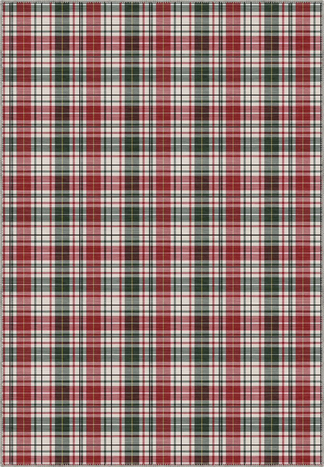 Tartan rug with red, green, and white colors.