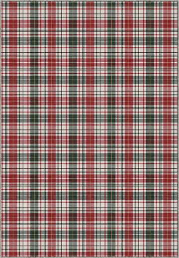 Tartan rug with red, green, and white colors.