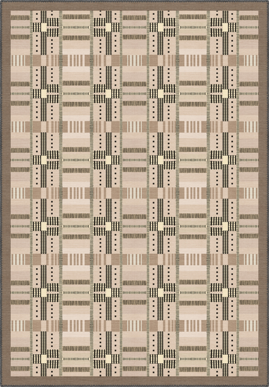 Geometric rug with beige tartan pattern.