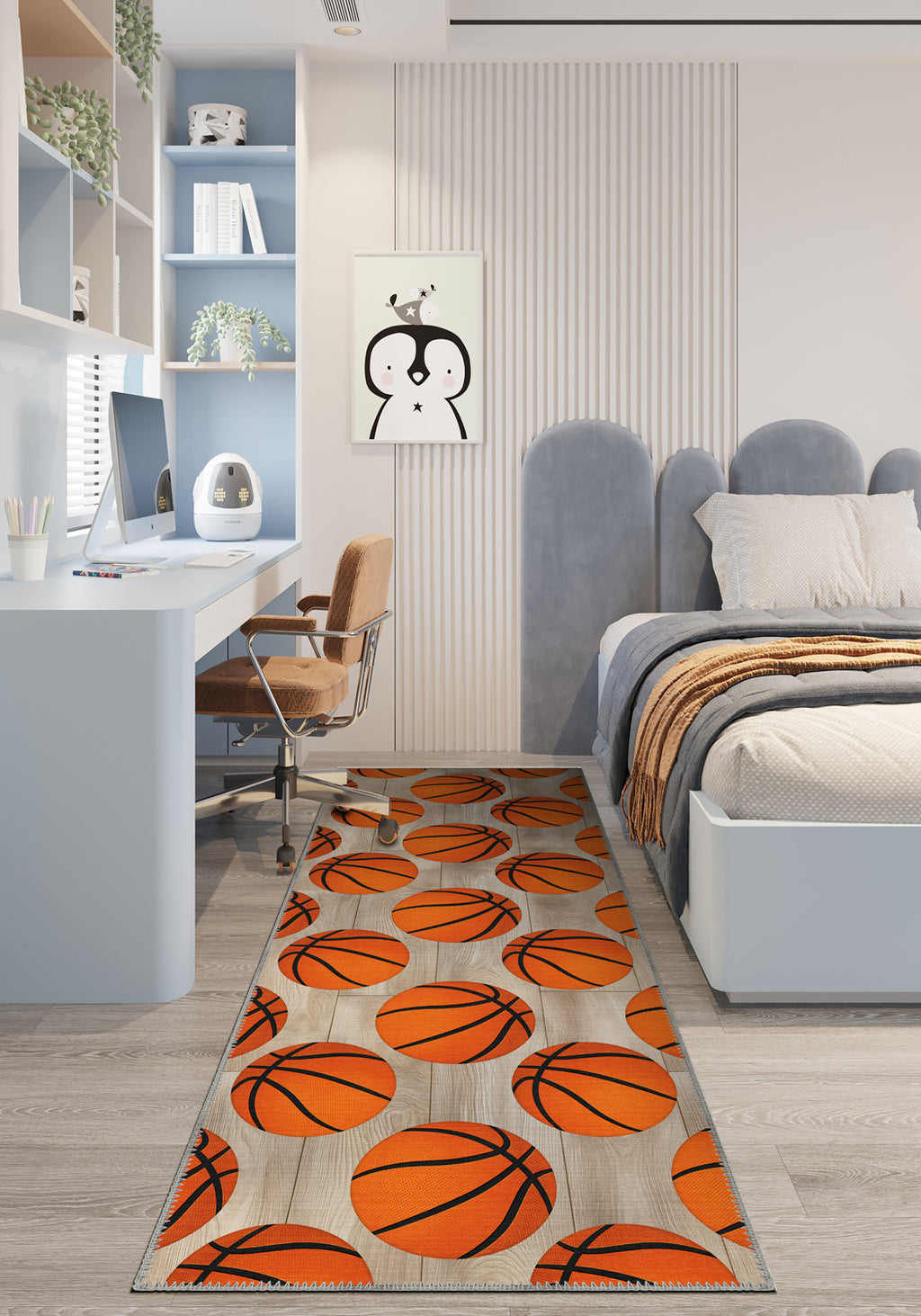 Room interior with a rug featuring basketball pattern, desk, and chair.