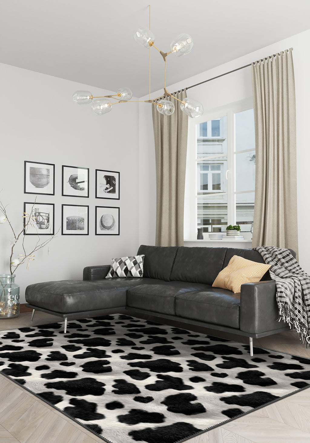 cowhide rug with grey sofa