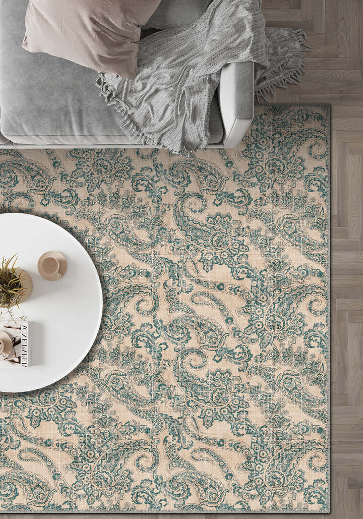 Teal and cream paisley rug for living room.
