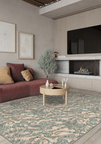 Cream teal paisley rug.