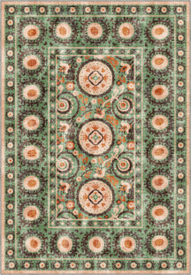 Green suzani rug with ethnic motifs.