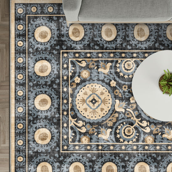 Blue bohemian rug for living room.