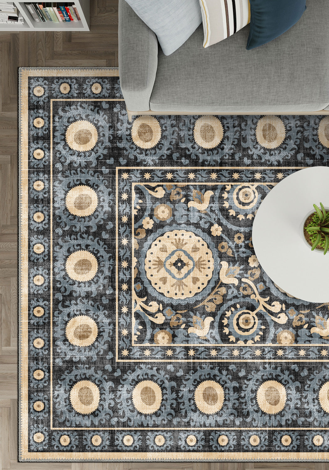 Blue bohemian rug for living room.