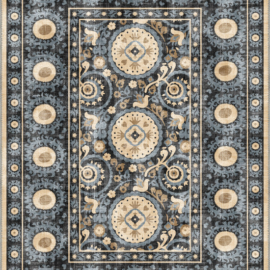 Blue ethnic rug for living room.