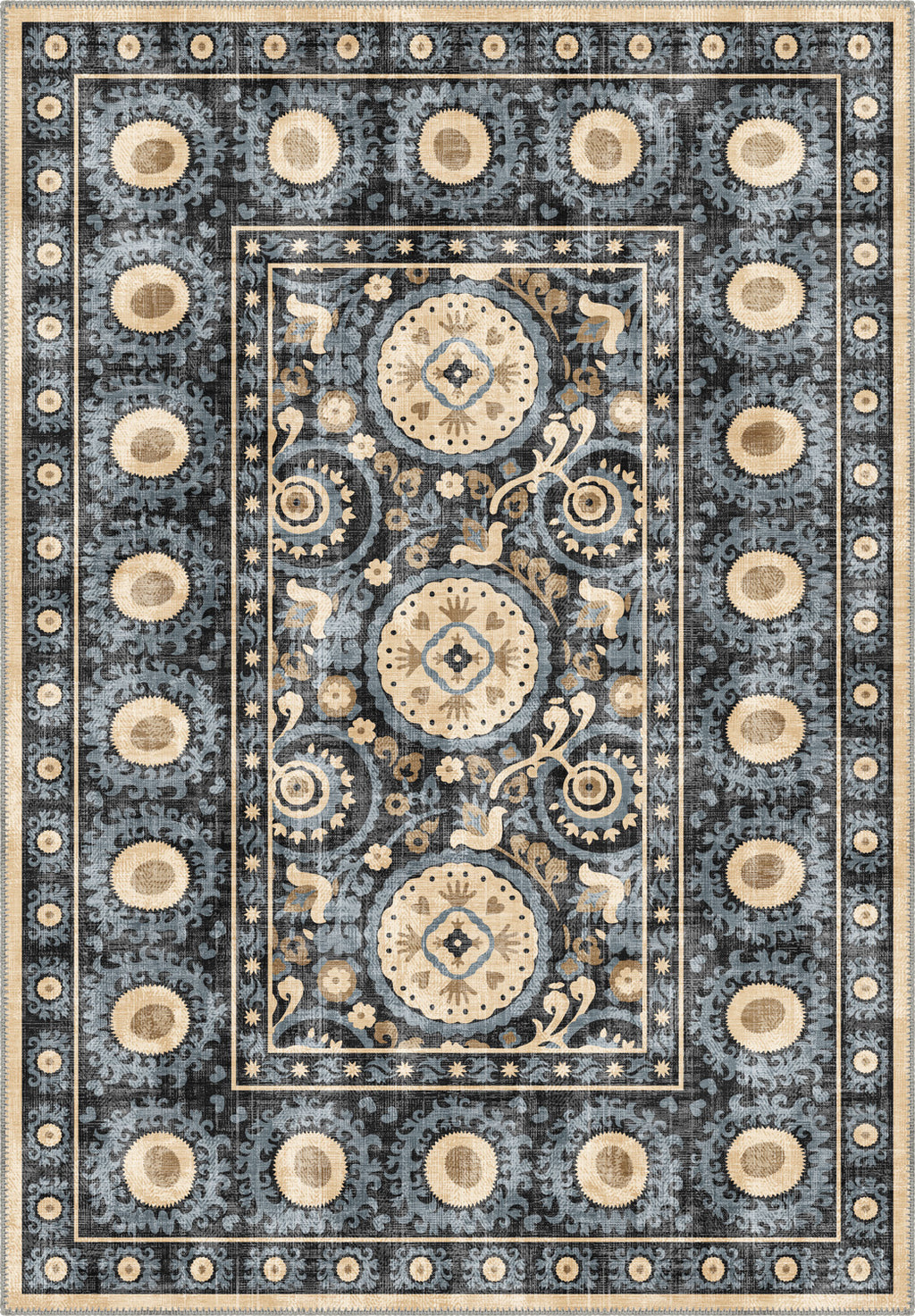 Blue ethnic rug for living room.