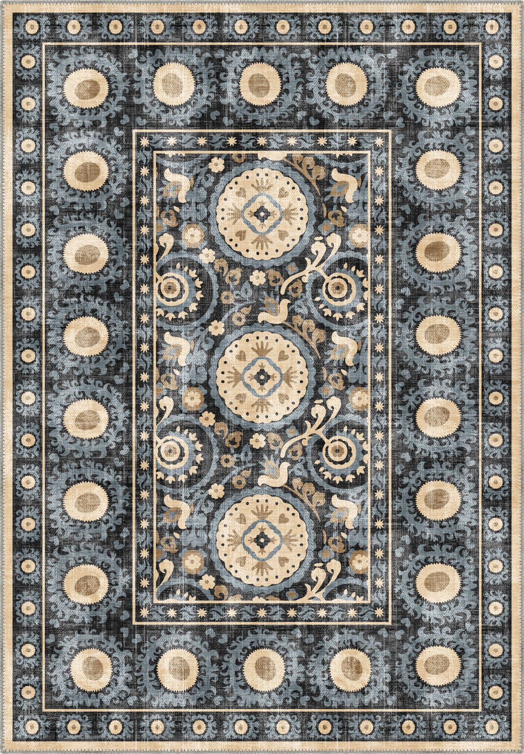 Blue ethnic rug for living room.