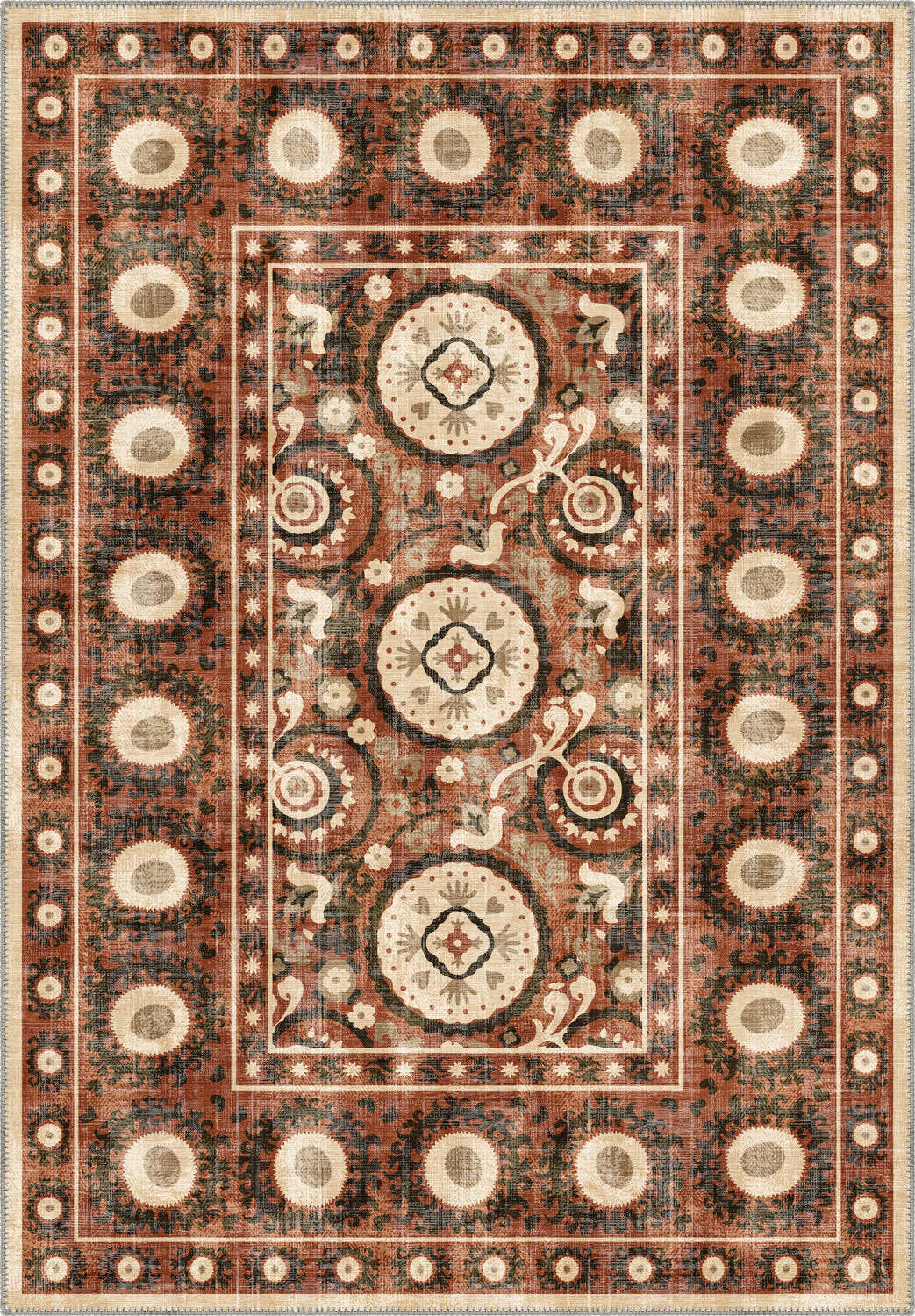 Bohemian terracotta rug with suzani motifs.