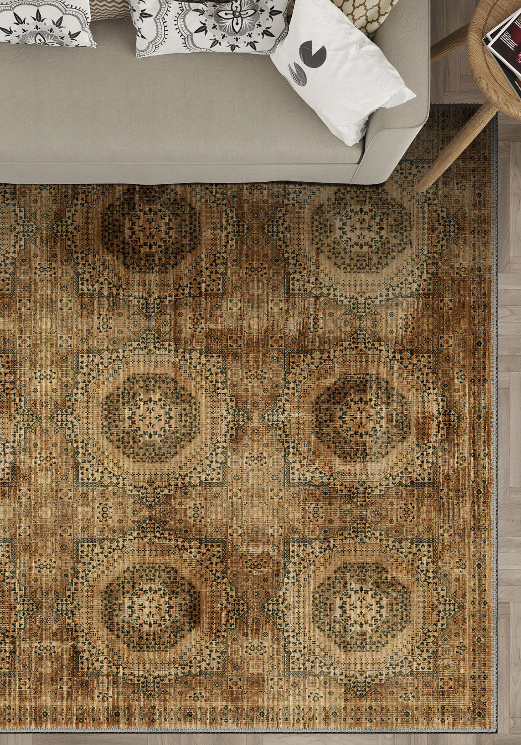 Brown Persian rug for living room.