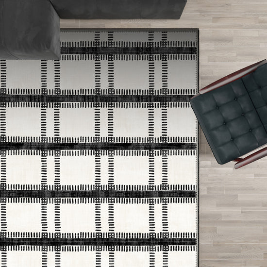 Black and white striped rug for living room.