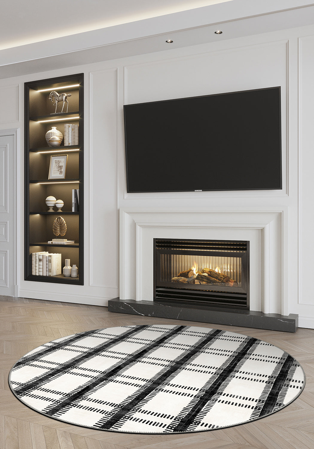 Black and white round rug for living room.