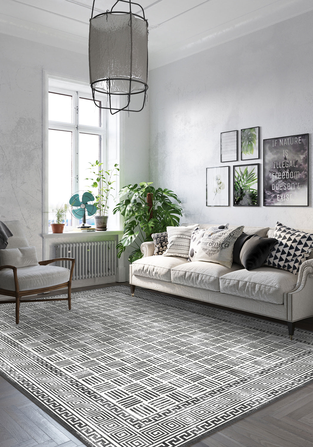 Black and white patterned rug for living room.