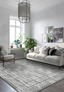 Black and white patterned rug for living room.