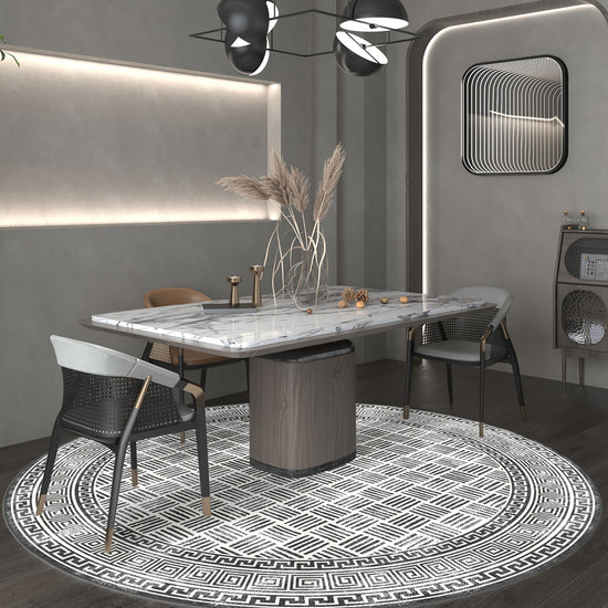 Black and white round rug for dining room.