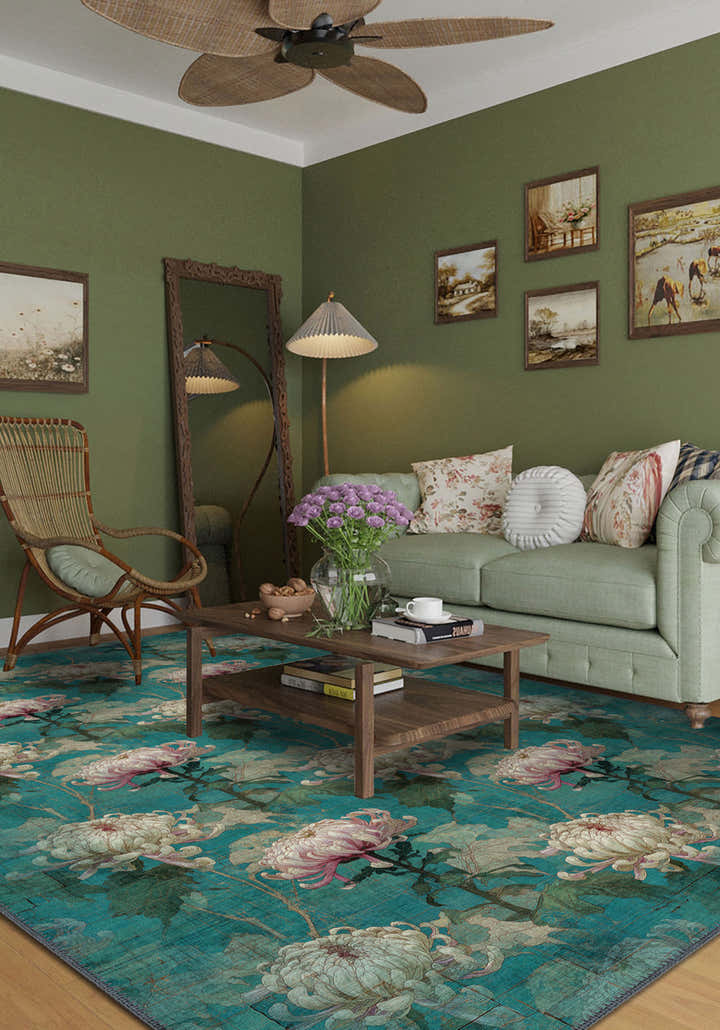 Chryselle Teal Chrysanthemum Rug