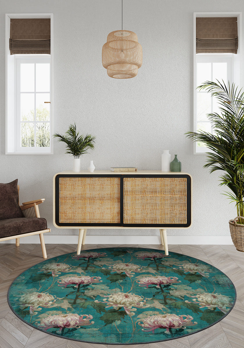 Chryselle Teal Chrysanthemum Rug